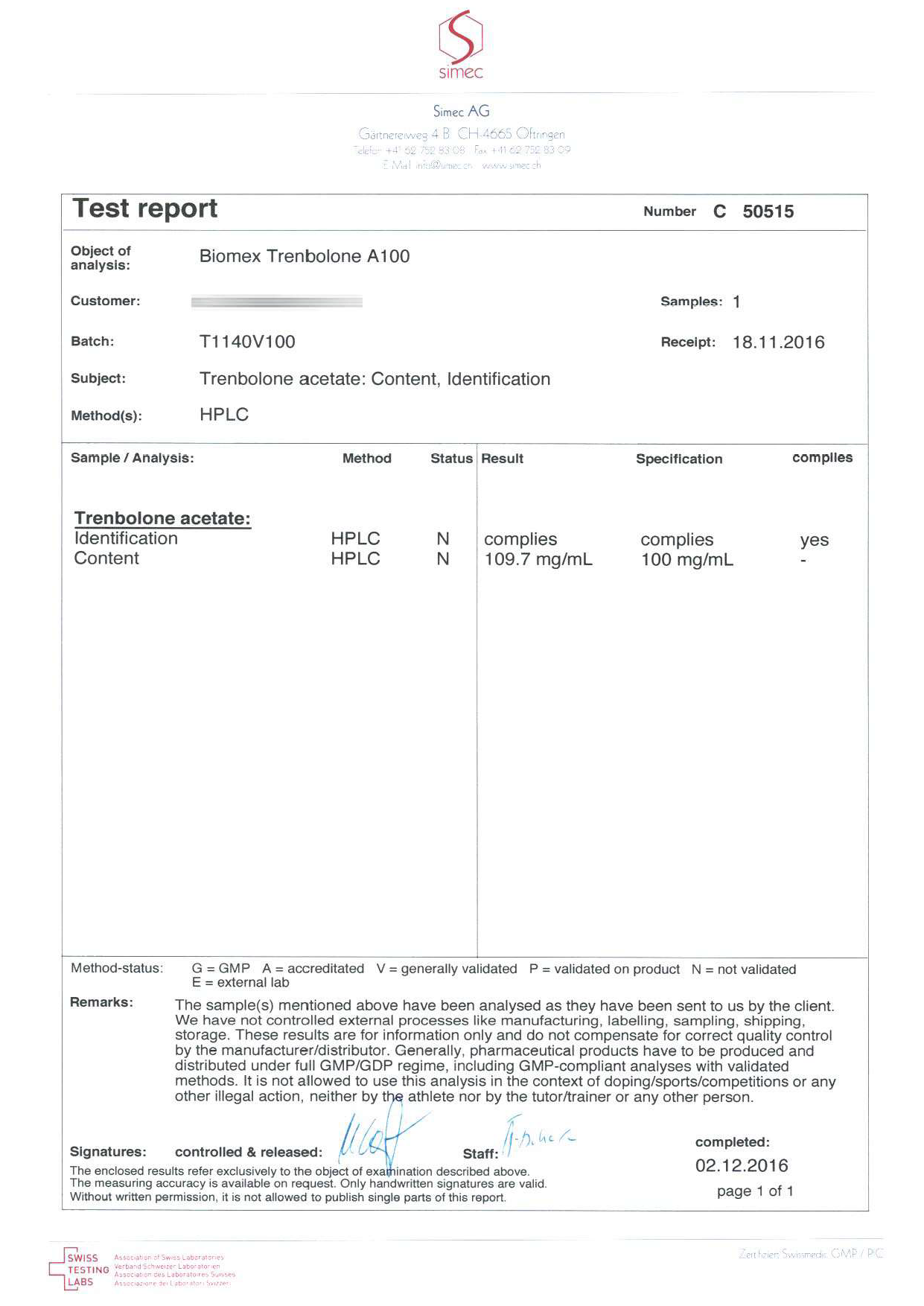 Biomex Tren A100 (Batch T1140V100)