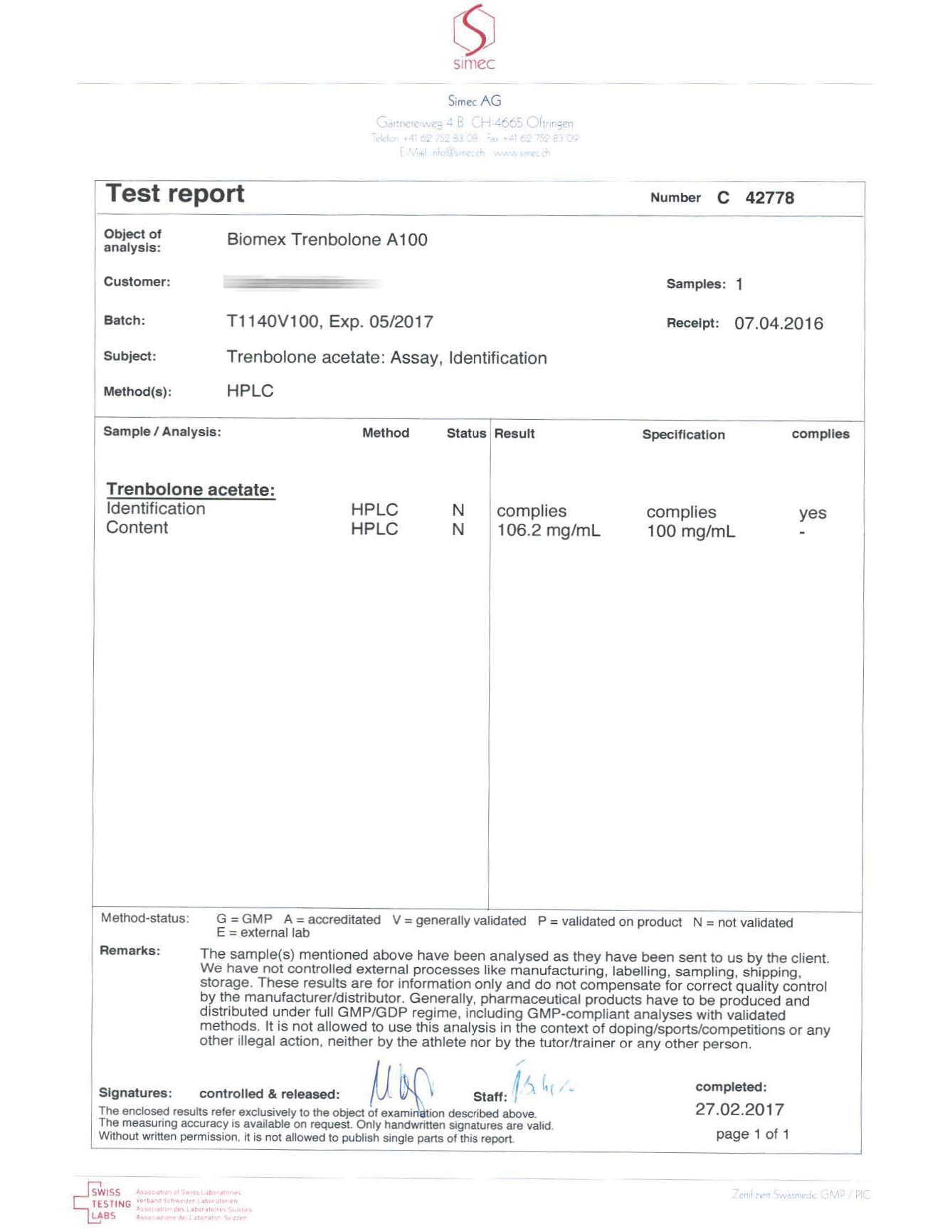 Biomex Tren A100 (Batch T1140V100)