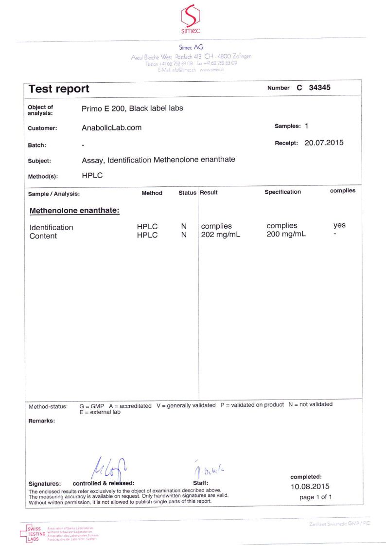 Black Label Labs Primo E200 lab report (August 10, 2015)