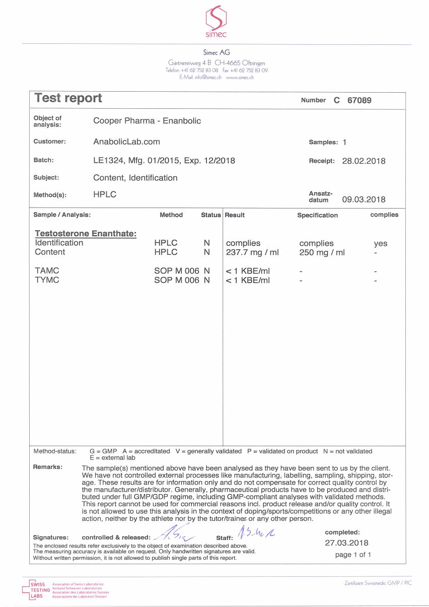 Cooper Pharma Enanbolic lab test results (February 27, 2018)