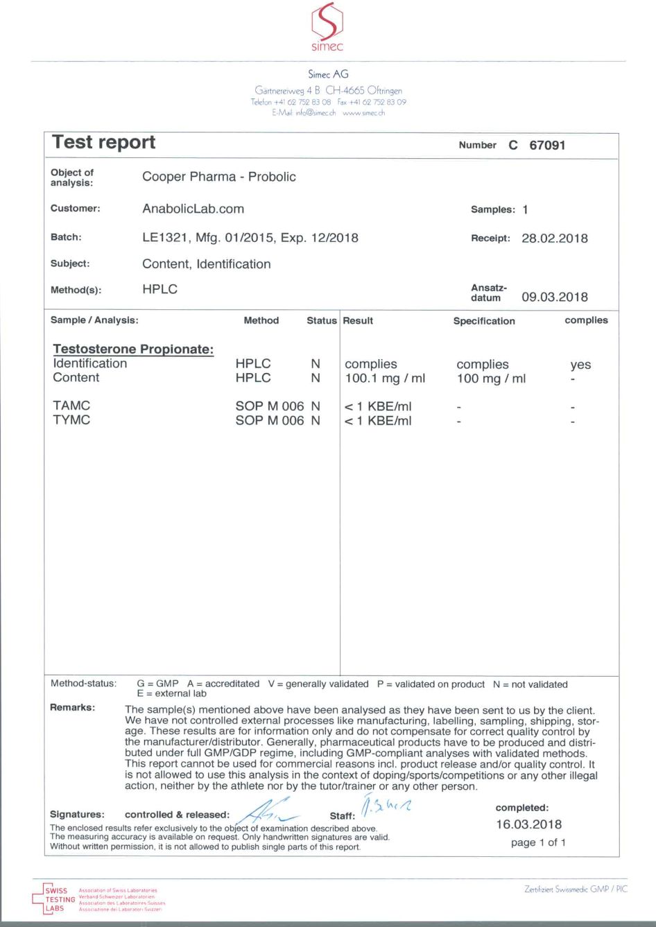 Cooper Pharma Probolic lab report (March 16, 2018)