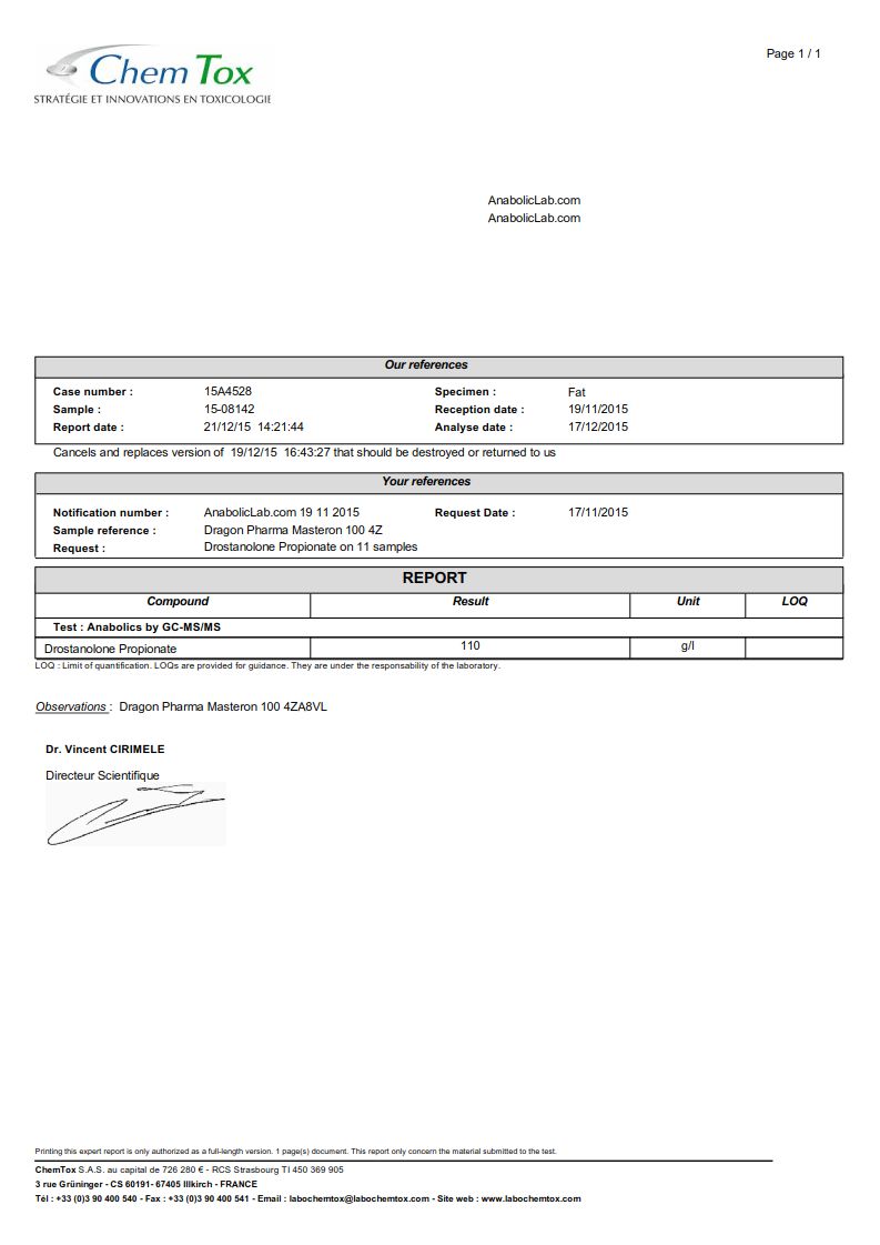 Dragon Pharma Masteron 100 lab report (December 21, 2015)