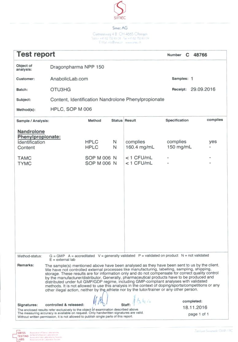 Dragon Pharma NPP 150 lab report (November 18, 2016)