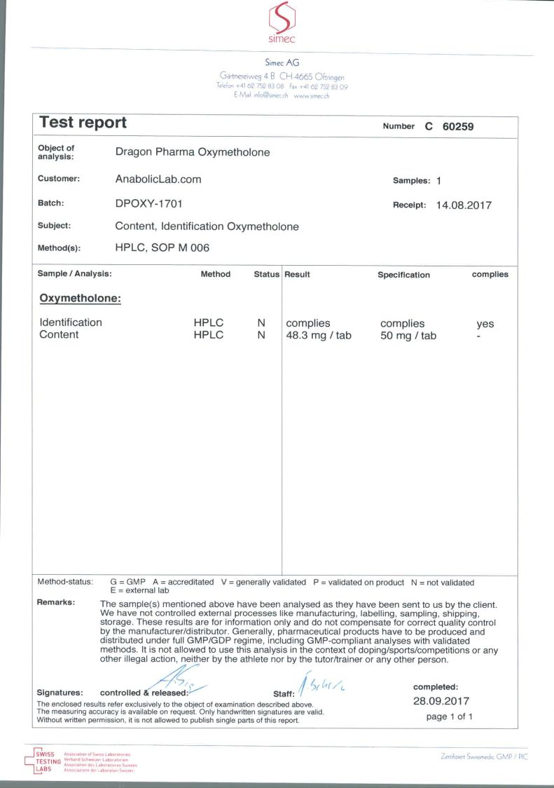 Dragon Pharma Oxymetholon lab report (September 28, 2017)