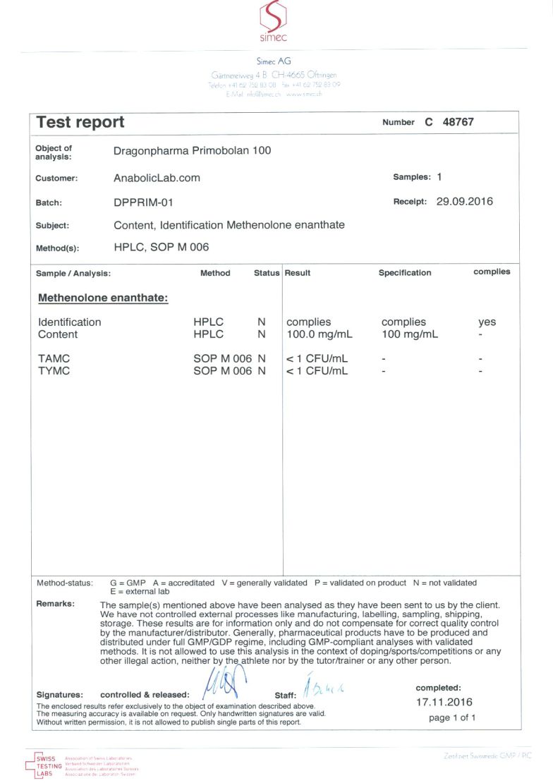 Dragon Pharma Primobolan 100 lab report (November 17, 2016)