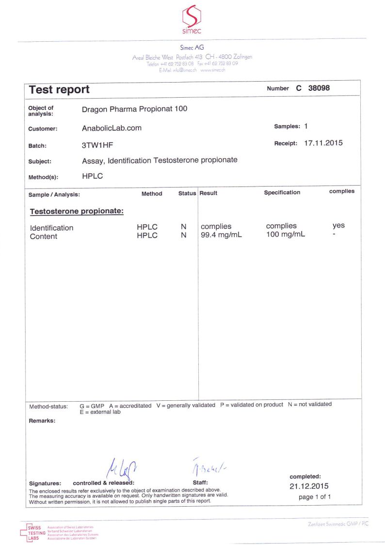 Dragon Pharma Propionat 100 lab report (December 21, 2015)