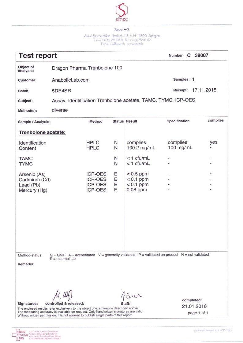 Dragon Pharma Trenbolone 100 lab report (January 21, 2016)