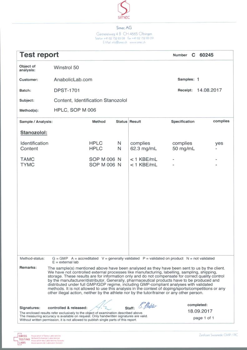 Dragon Pharma Winstrol 50 lab report (September 18, 2017)