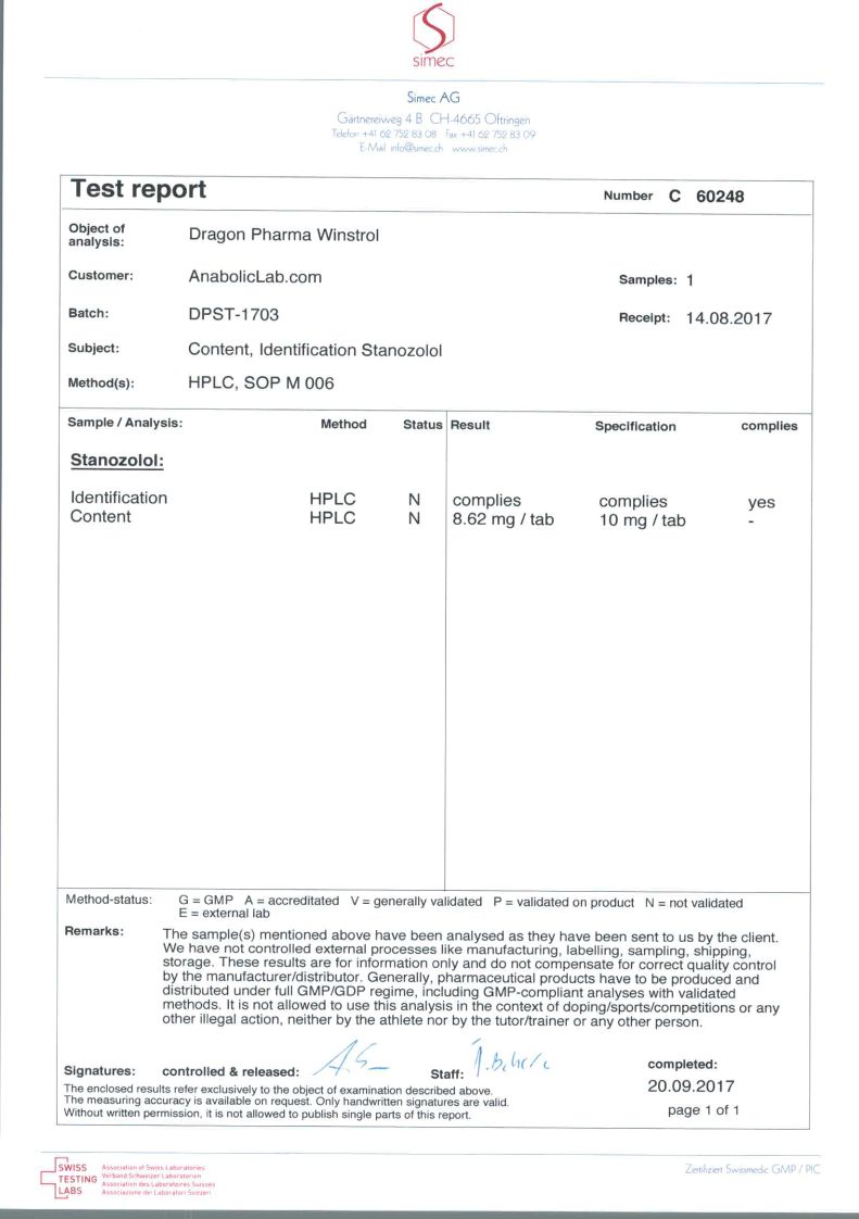 Dragon Pharma Winstrol tablets lab report (September 20, 2017)