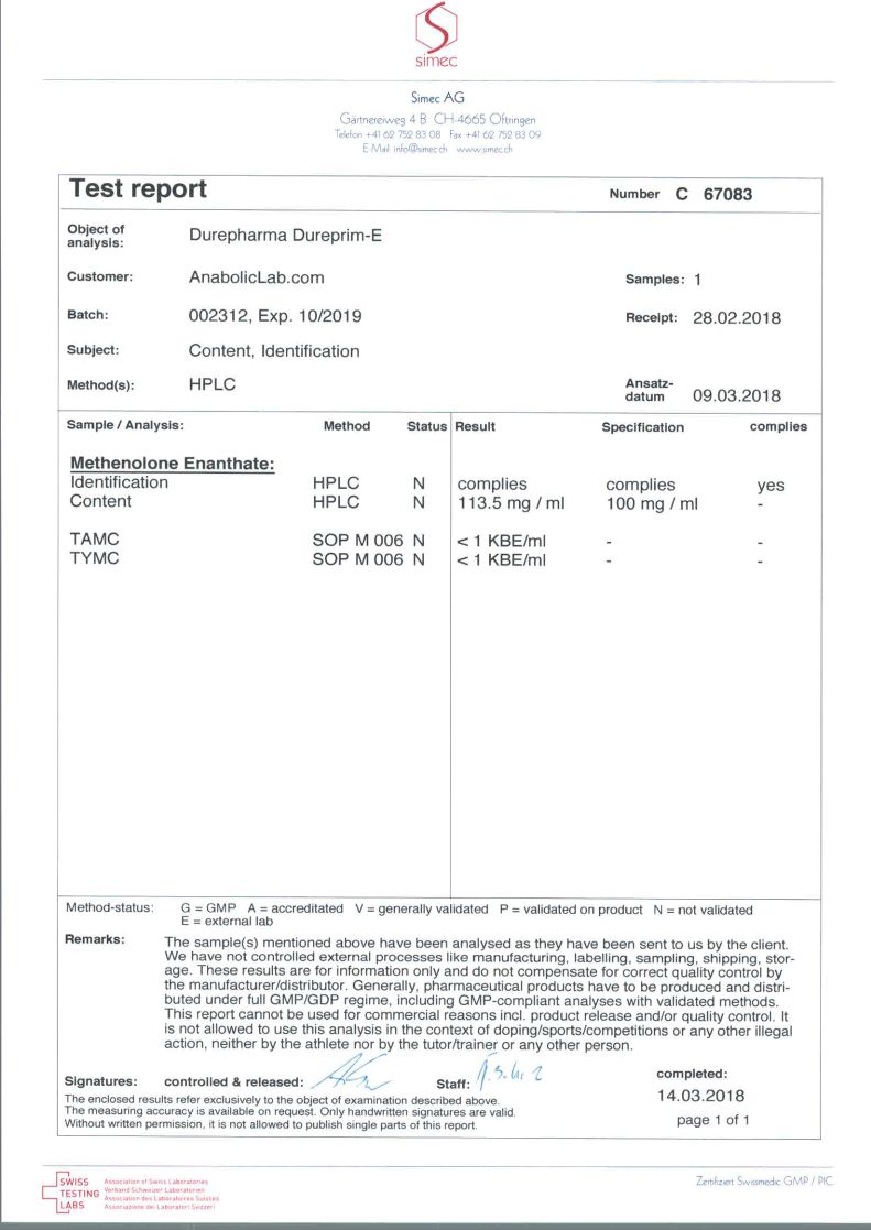 Dure Pharma Dureprim-E lab report (March 14, 2018)