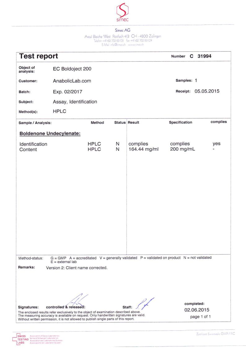 EuroChem Laboratories EC Boldoject lab report (June 2, 2015)