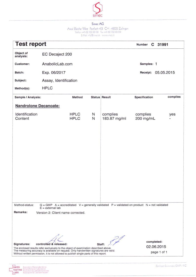 EuroChem Labs EC Decaject 200 lab report (June 2, 2015)