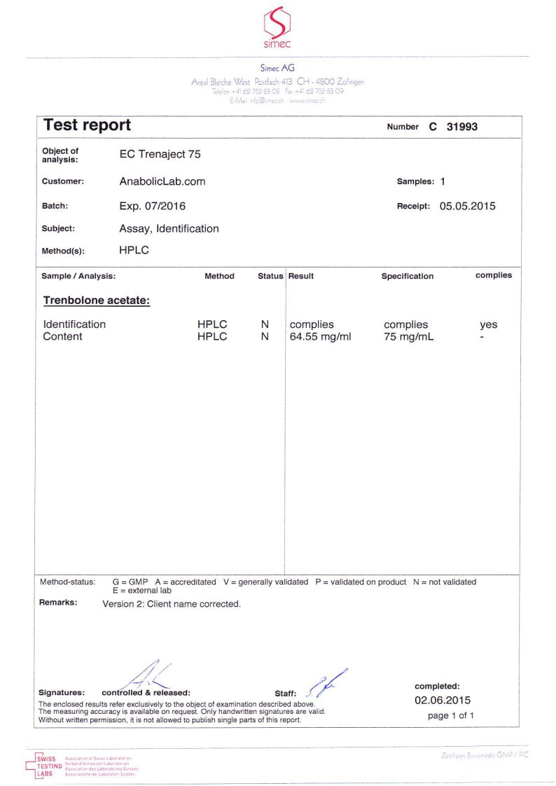 EuroChem Labs EC Trenaject 75 lab report (June 2, 2015)