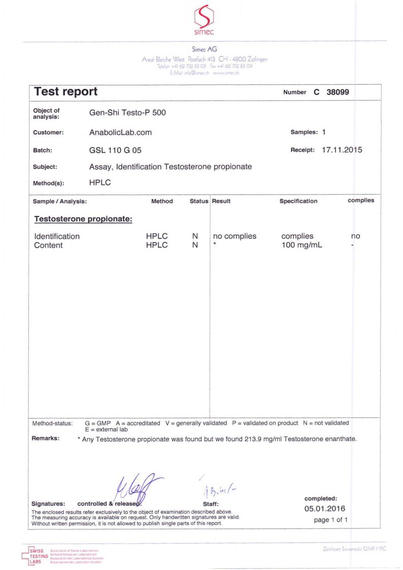 Gen-Shi Labs Testo P 500 lab report ( January 5, 2016)