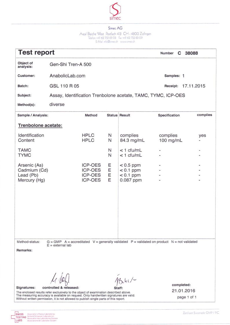 Gen-Shi Labs Tren-A 500 lab report (January 21, 2016)