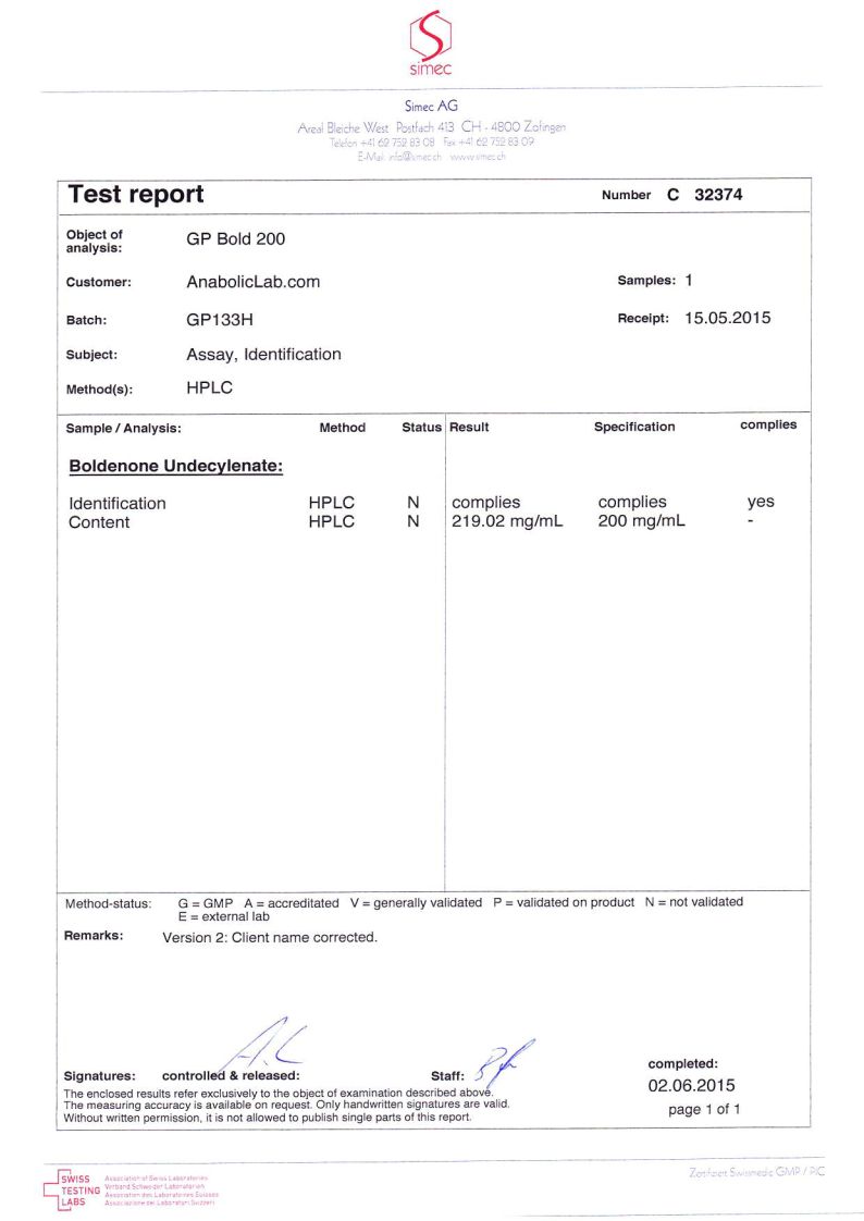 Geneza Pharma GP Bold 200 lab report (June 2, 2015)