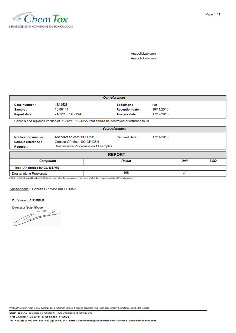 Geneza Pharma GP Mast 100 lab report (December 21, 2015)