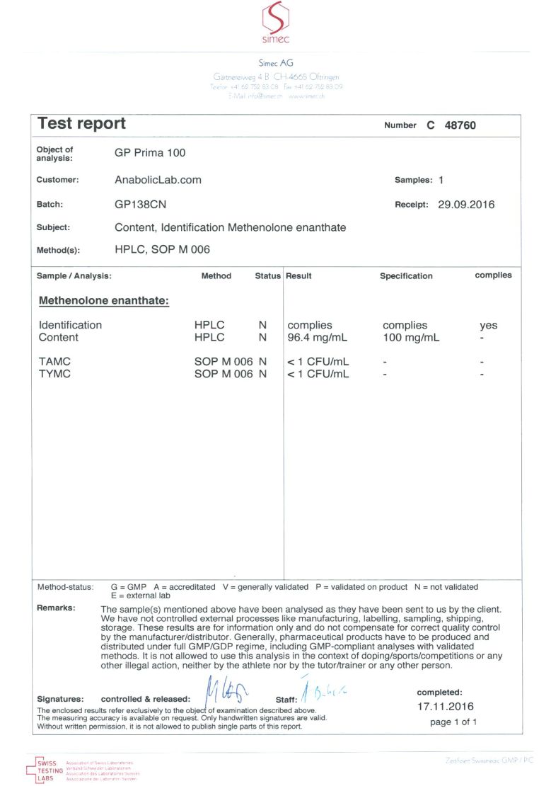 Geneza Pharma GP Prima 100 lab report (November 17, 2016)