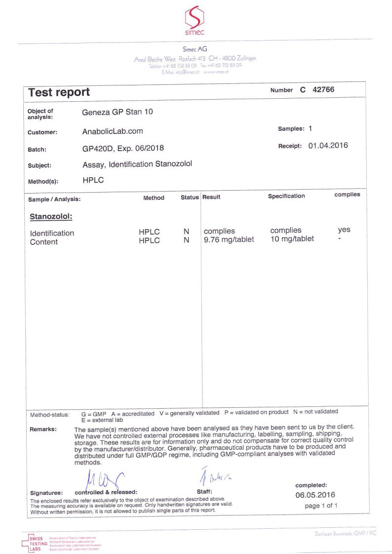 Geneza Pharma GP Stan 10 lab report (May 6, 2016)