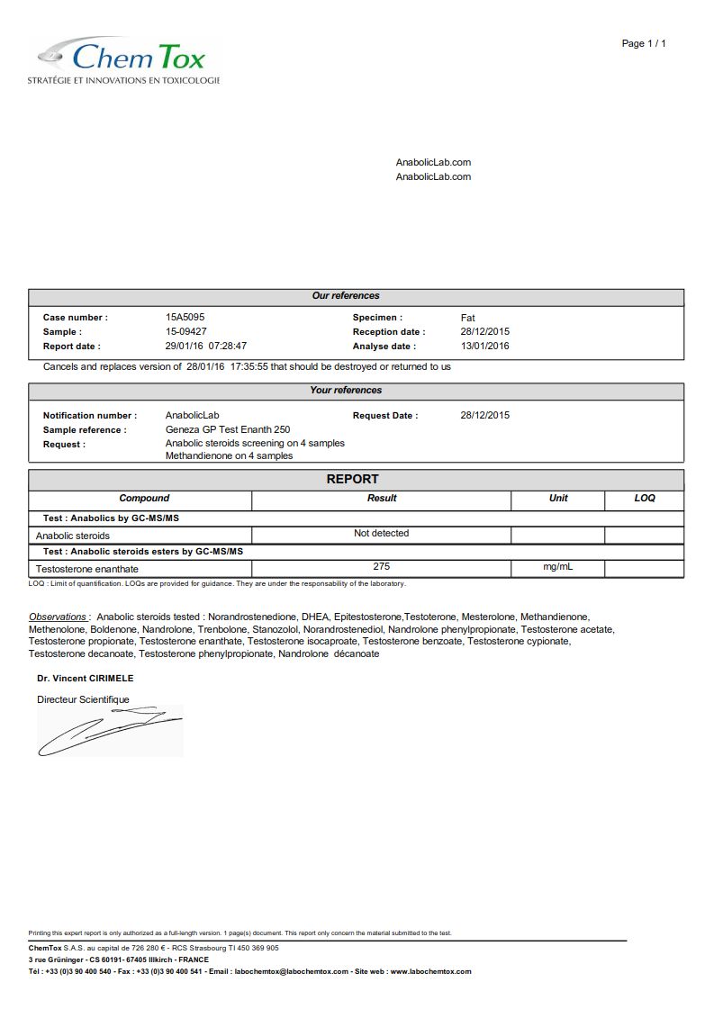 Geneza Pharma GP Test Enanth 250 lab report (January 29, 2016)