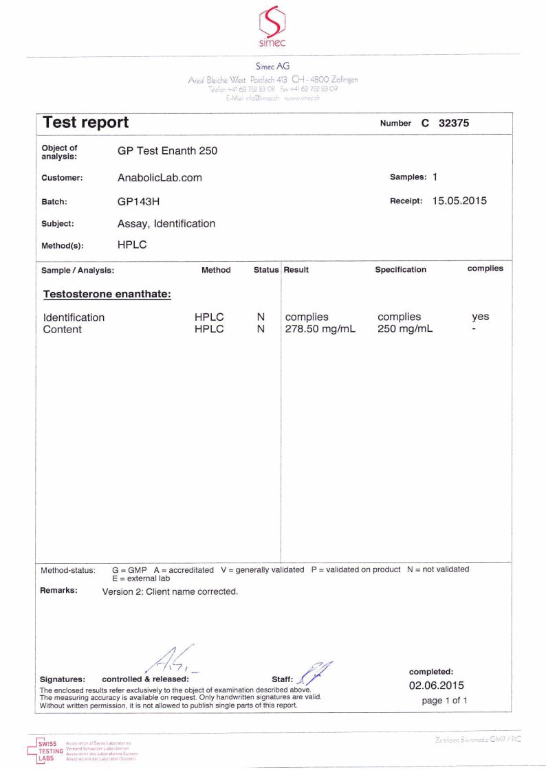 Geneza Pharma GP Test Enanth 250 lab report (June 2, 2015)