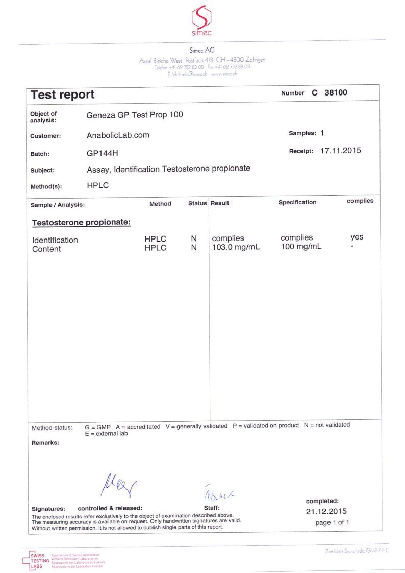 Geneza Pharma GP Test Prop 100 lab report (December 21, 2015)