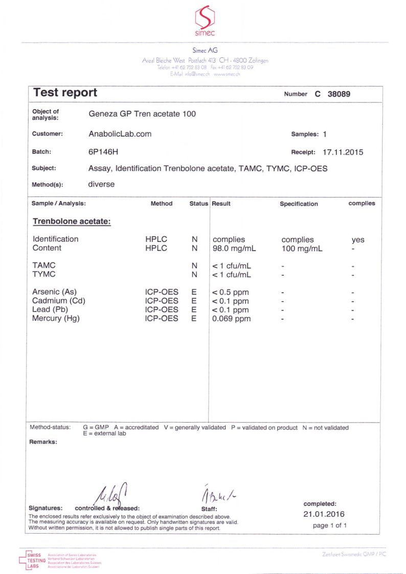 Geneza Pharma GP Tren Acetate 100 lab report (January 21, 2016)