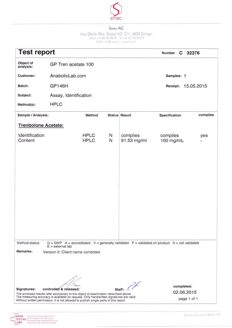 Geneza Pharma GP Tren Acetate 100 lab report (June 2, 2015)