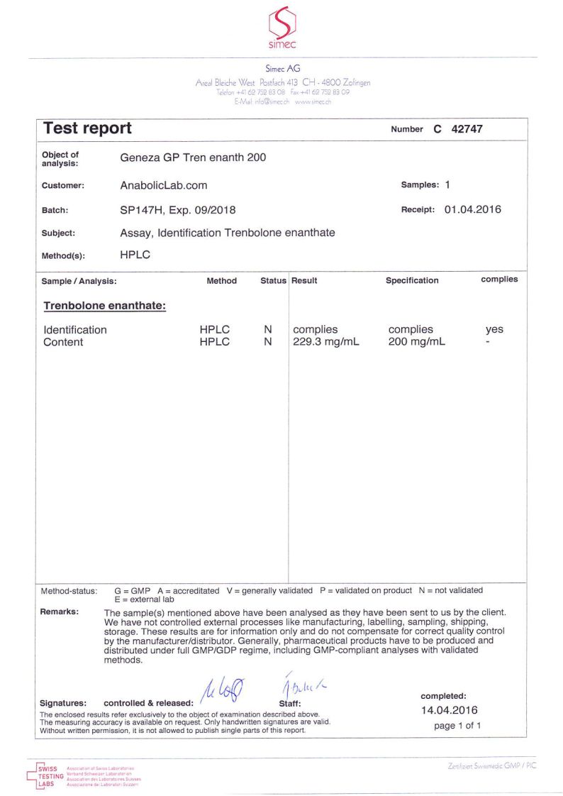 Geneza Pharma GP Tren Enanth 200 lab report (April 14, 2016)