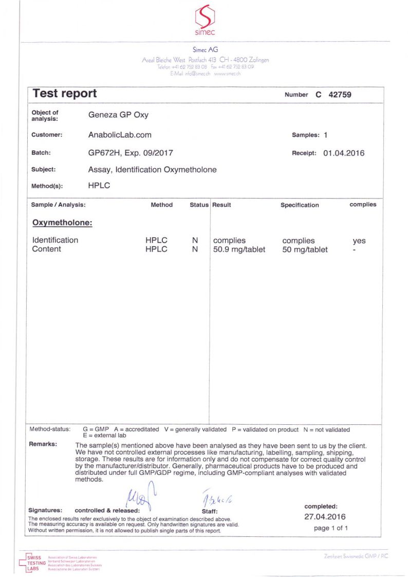 Geneza Pharmaceuticals GP Oxy lab report (April 27, 2016)