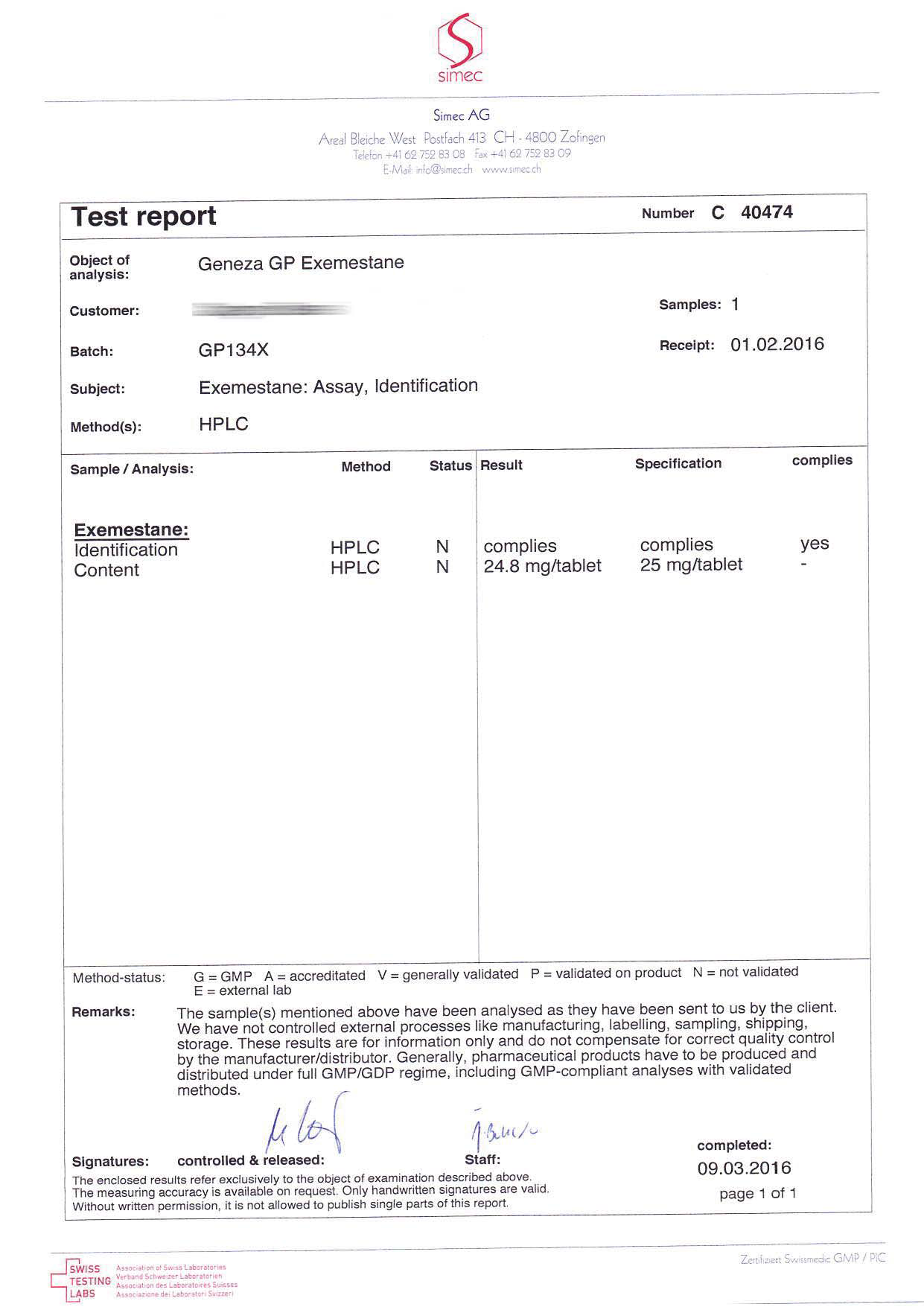 GP Exemestane (Batch GP134X) March 9, 2016