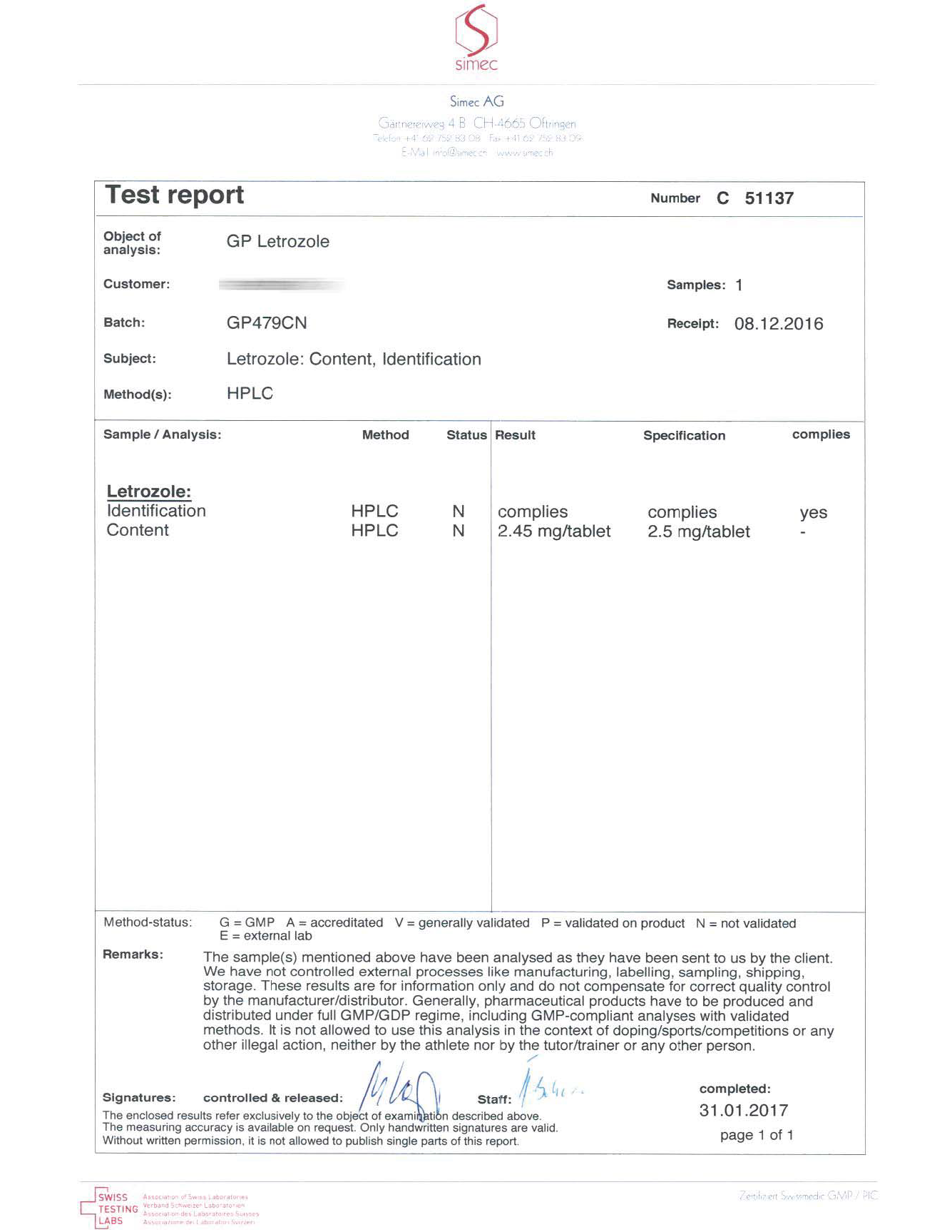 GP Letrozole (Batch GP479CN)