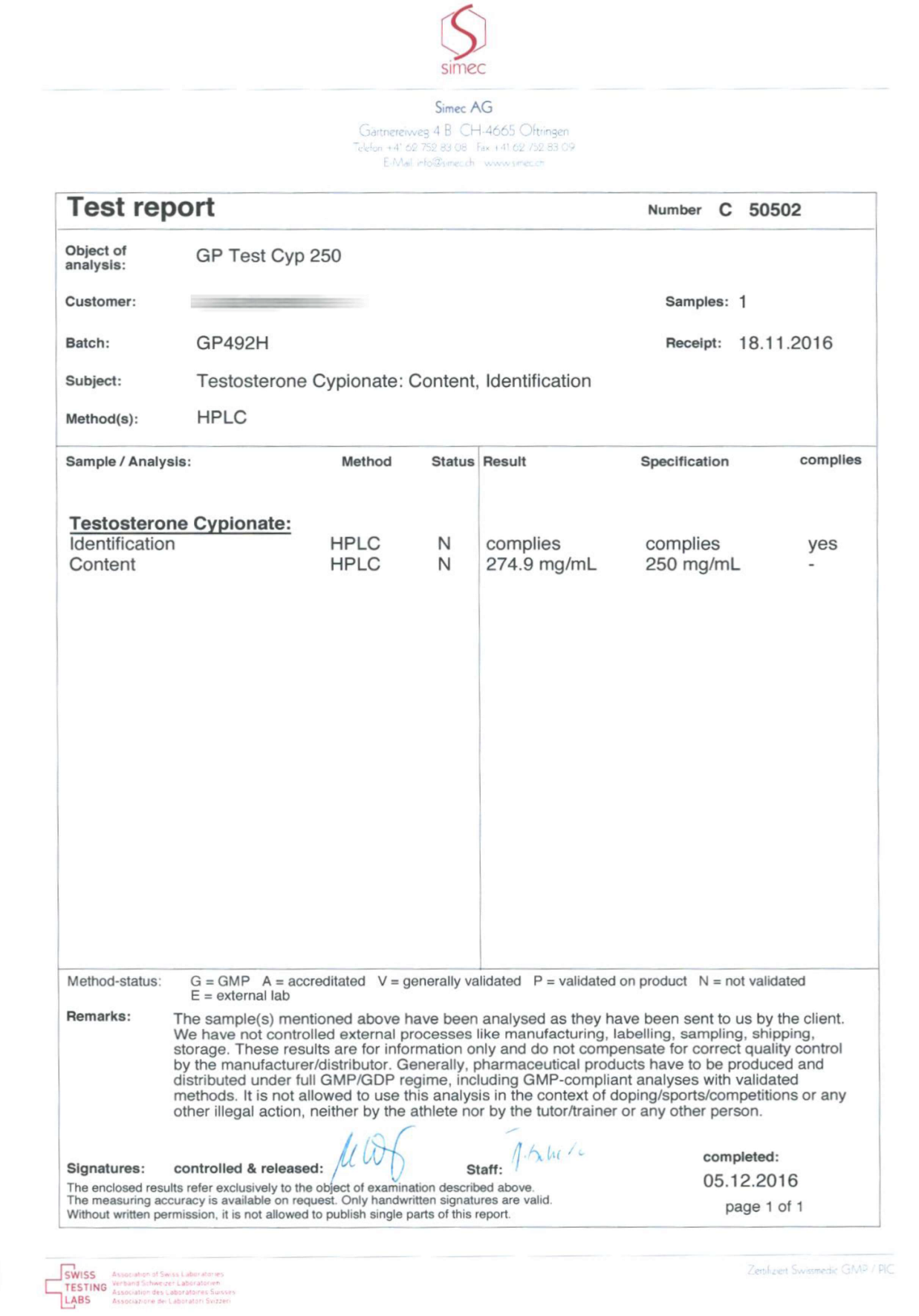 GP Test Cyp 250 (Batch GP492H)