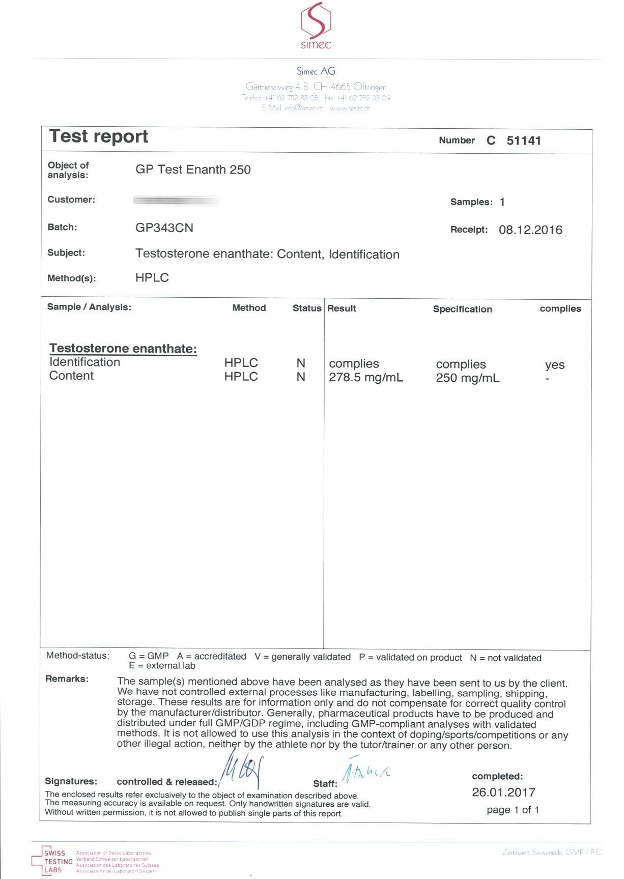 GP Test Enanth 250 (Batch GP343CN)