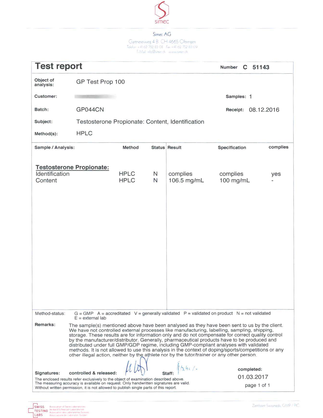 GP Test Prop 100 (Batch GP044CN)