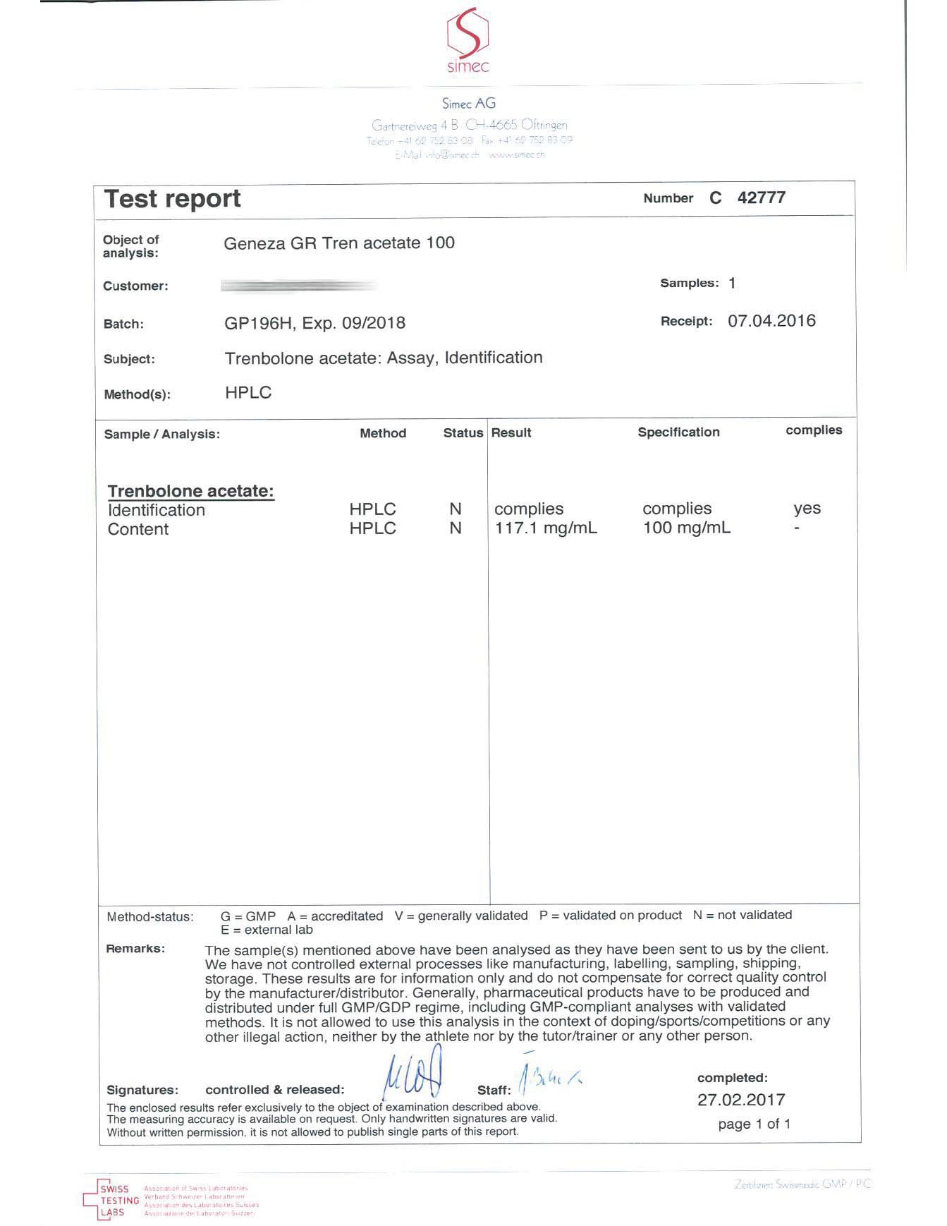 GP Tren Acetate 100 (Batch GP196H)