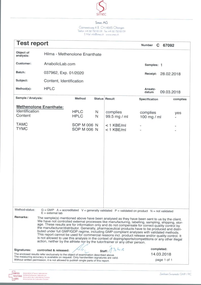 Hilma BioCare Methenolone Enanthate lab report (March 14, 2018)