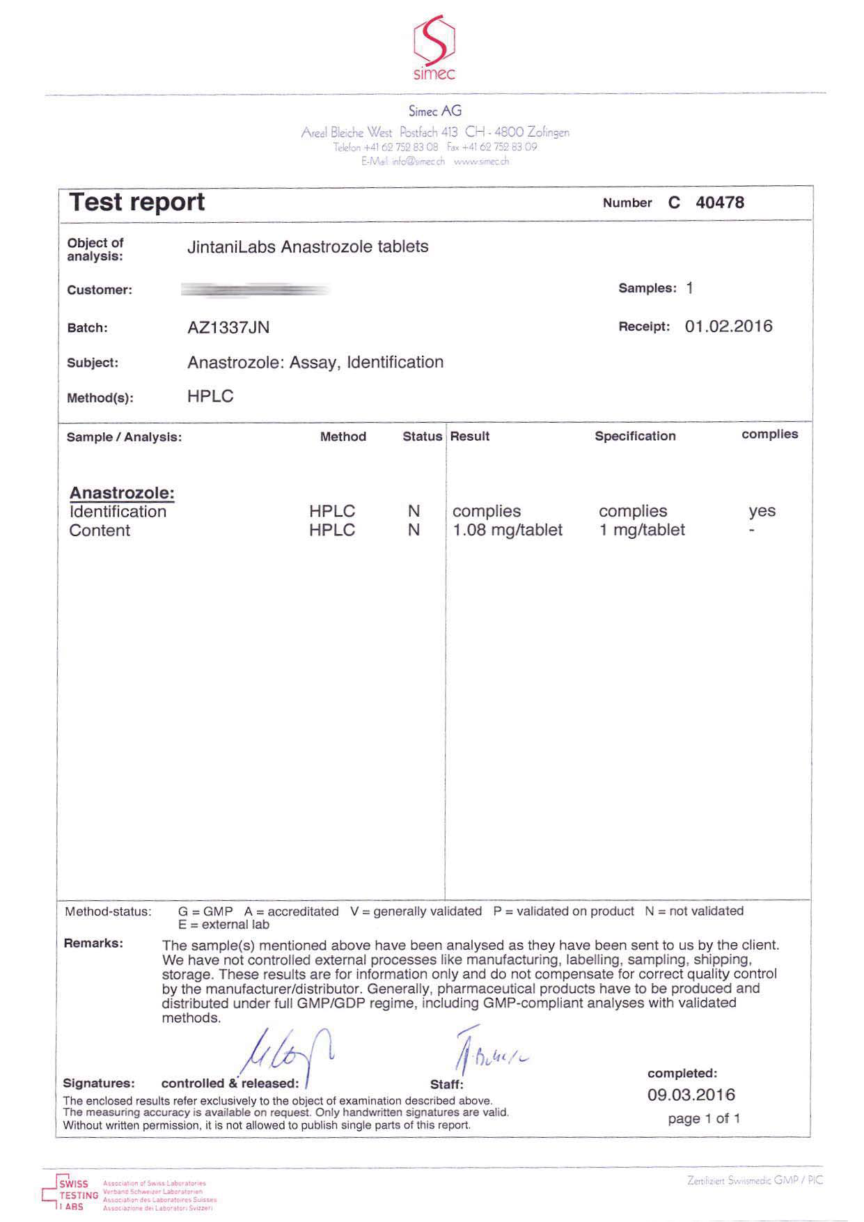 Jintani Anastrozole (Batch AZ1337JN)