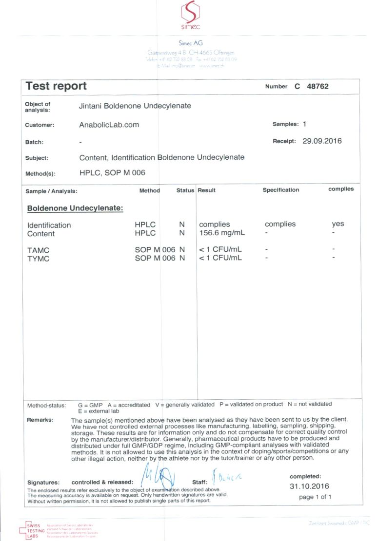 Jintani Labs Boldenone Undecylenate lab report (October 31, 2016)