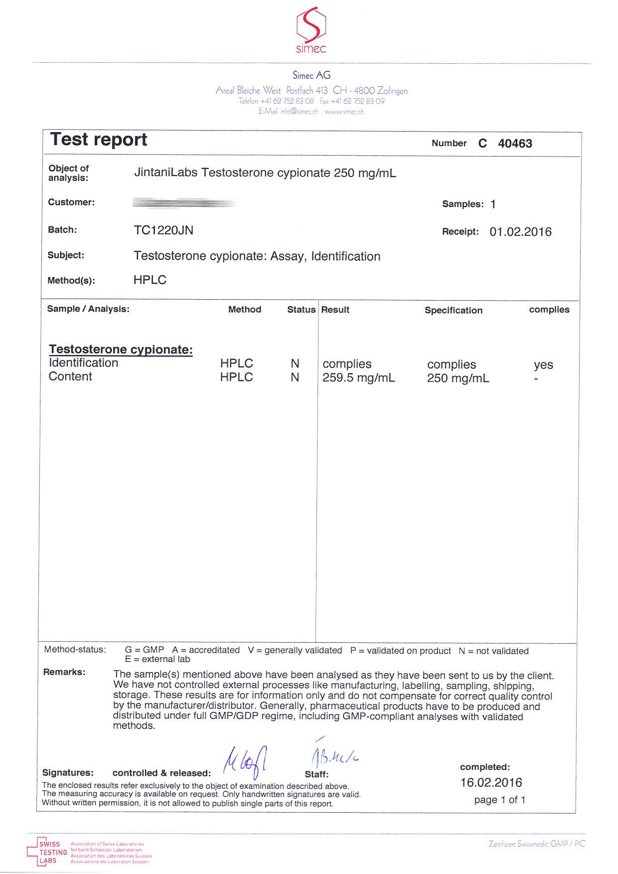 Jintani Labs Cypionate 250 (Batch TC1220JN)