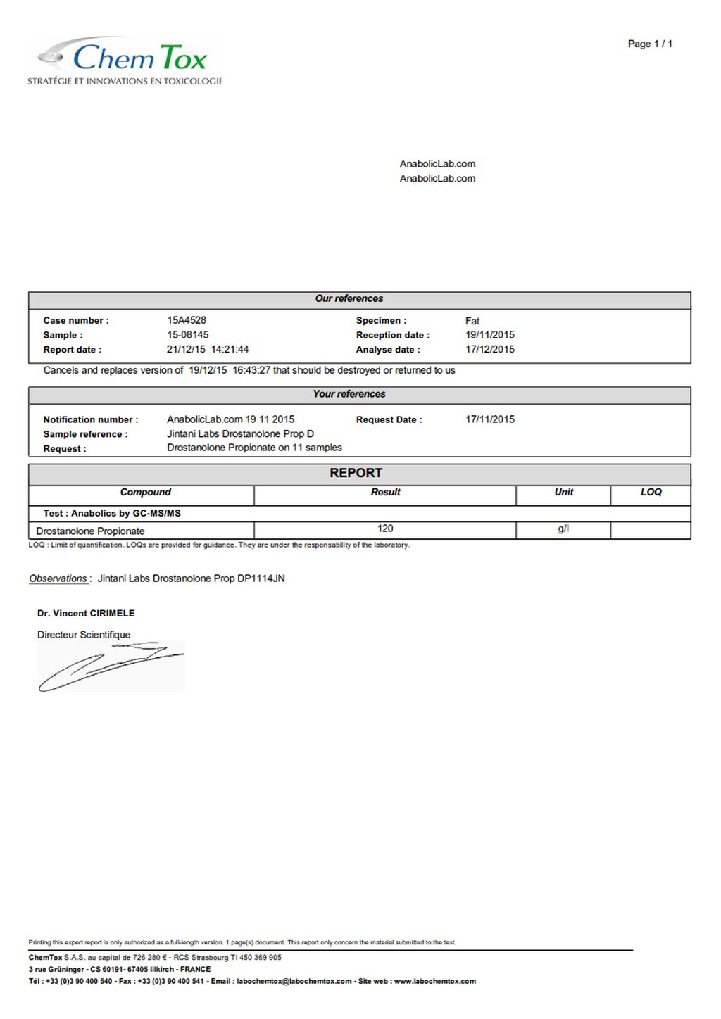 Jintani Labs Drostanolone Propionate lab report (December 21, 2015)