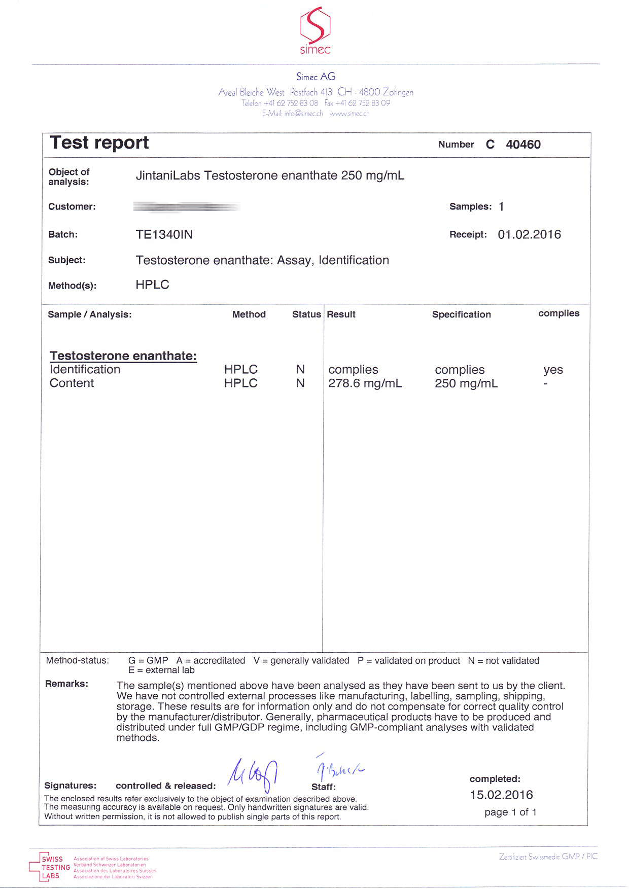 Jintani Labs Enanthate 250 (Batch TE1340JN)