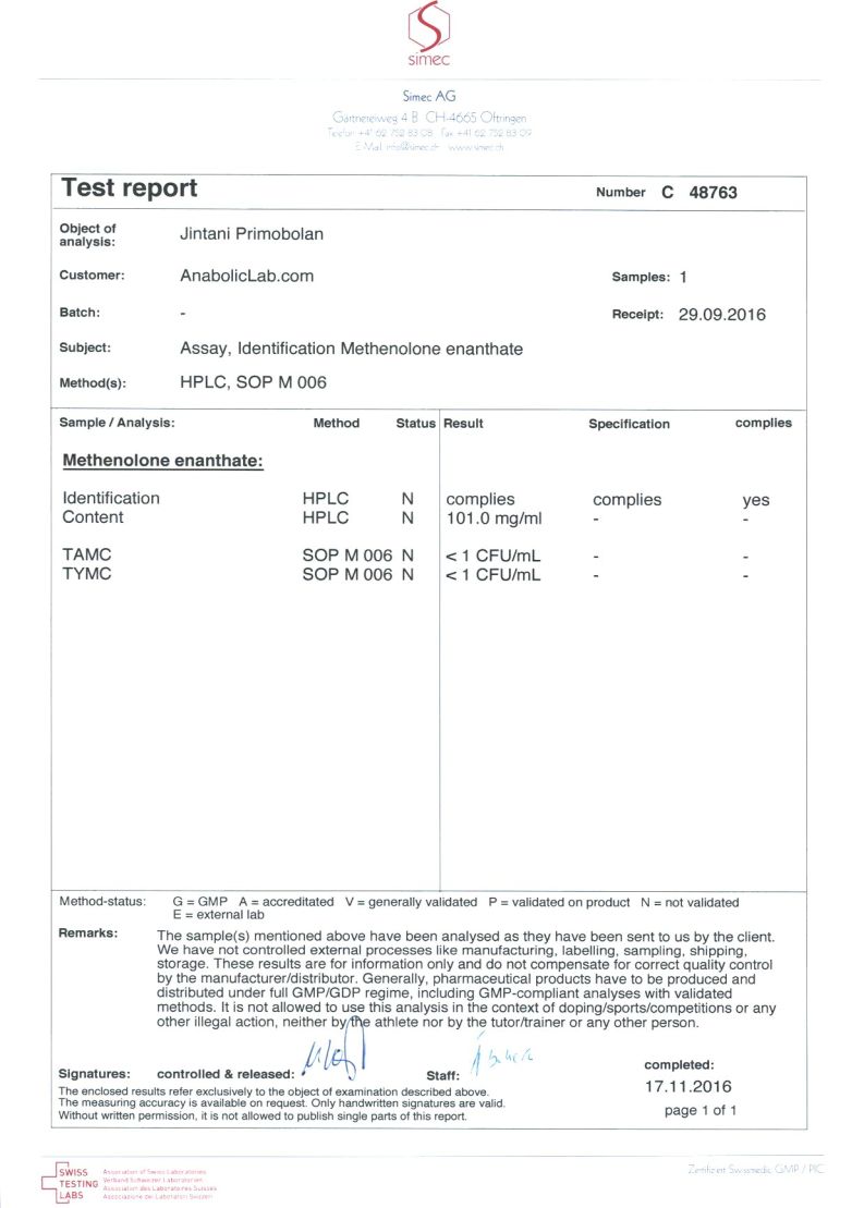 Jintani Labs Methenolone Enanthate lab report (November 17, 2016)