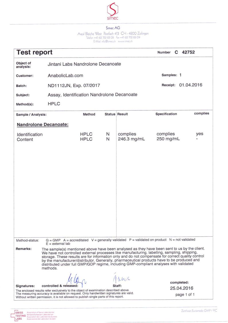 Jintani Labs Nandrolone Decanoate lab report (April 25, 2016)