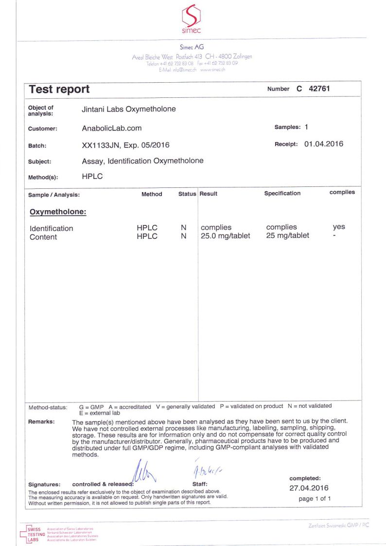 Jintani Labs Oxymetholone lab report (April 27, 2016)