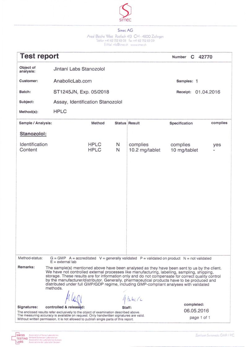 Jintani Labs Stanozolol lab report (May 6, 2016)