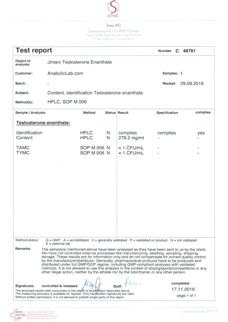 Jintani Labs Testosterone Enanthate Lab Report