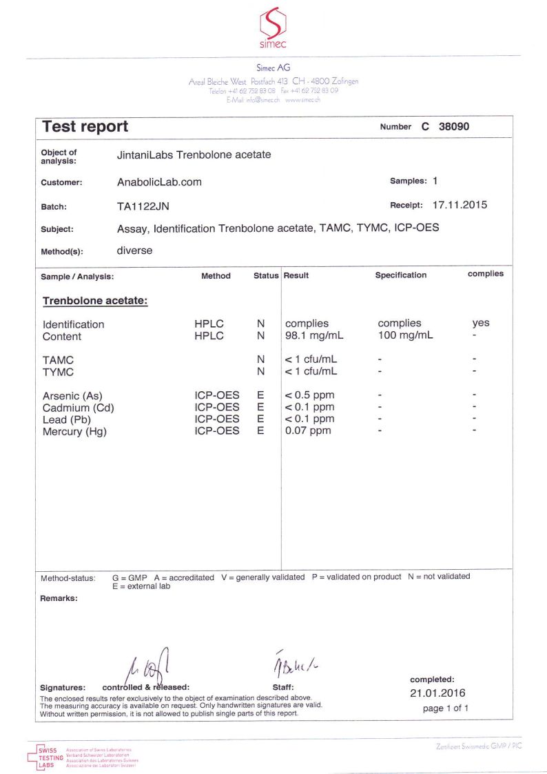 Jintani Labs Trenbolone Acetate lab report (January 21, 2016)