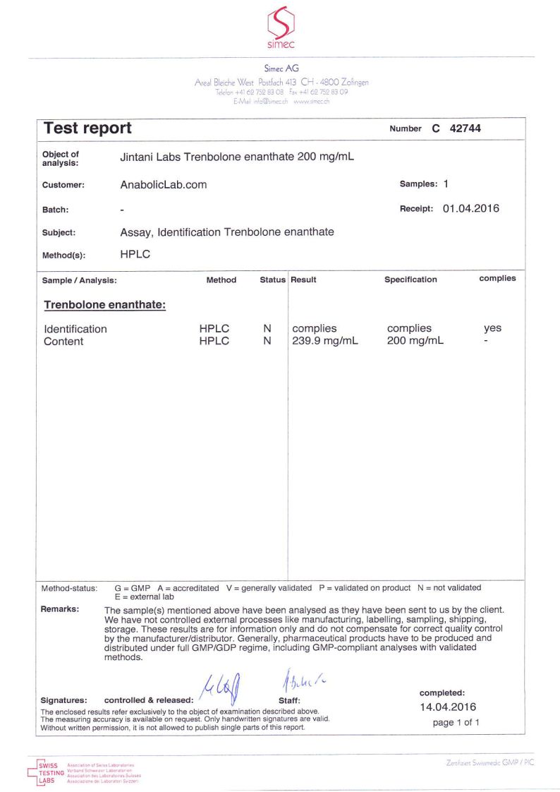 Jintani Labs Trenbolone Enanthate lab report (April 14, 2016)