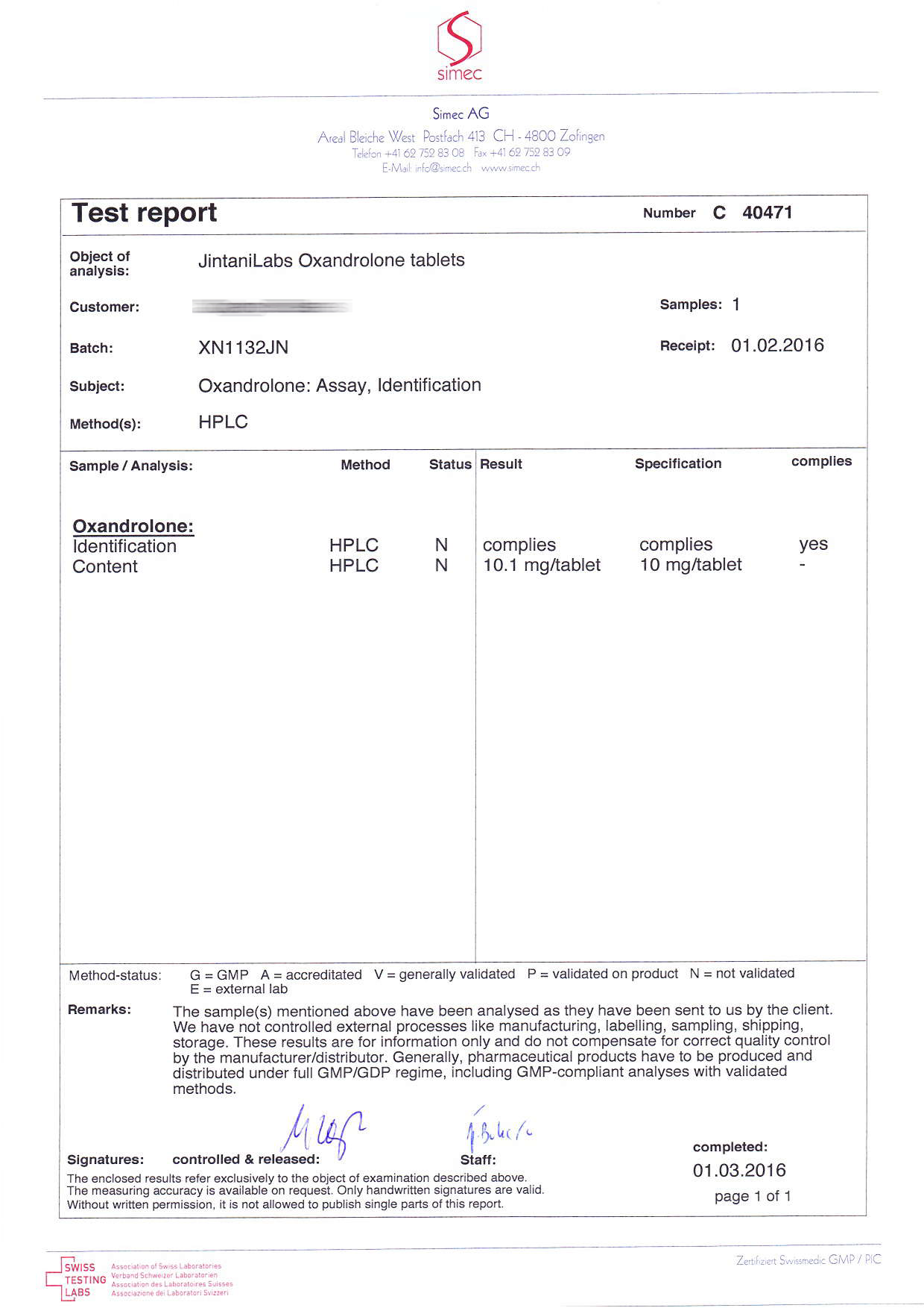 Jintani Oxandrolone (Batch XN1132JN)